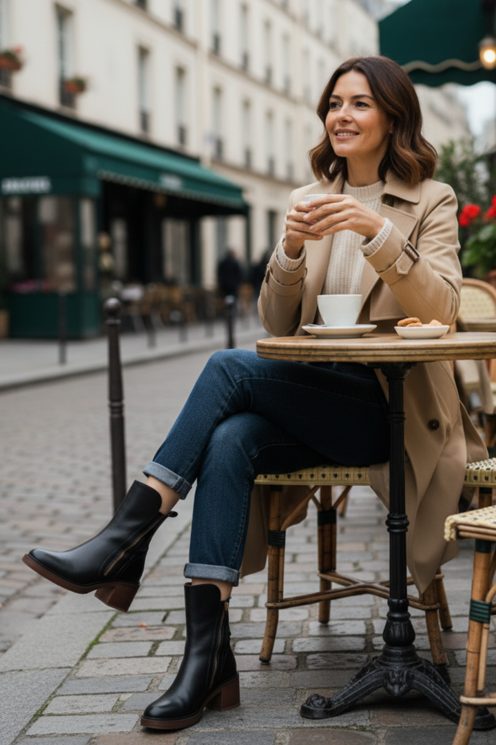 Valorine™ | Black leather boots with a comfortable heel, elegant and timeless