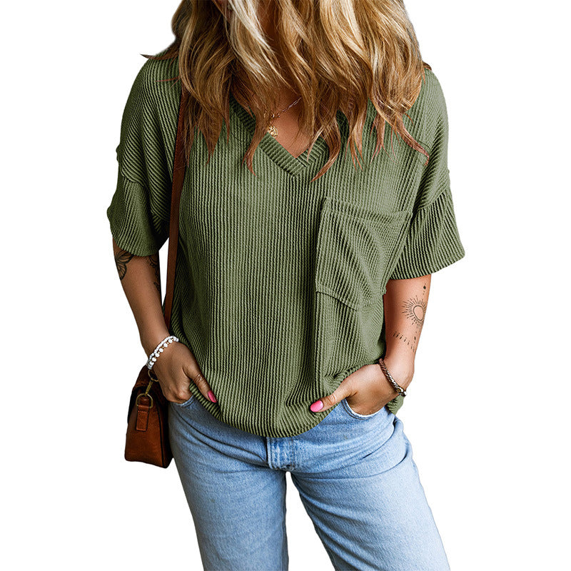 Janelle – Casual Textured Pocket V-Neck Tee