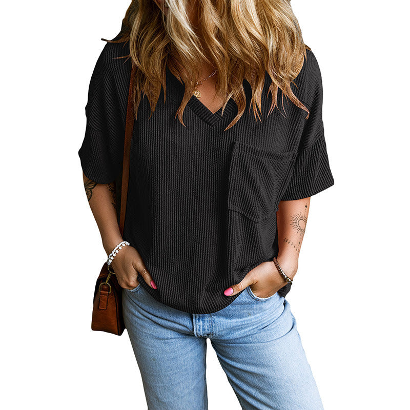 Janelle – Casual Textured Pocket V-Neck Tee
