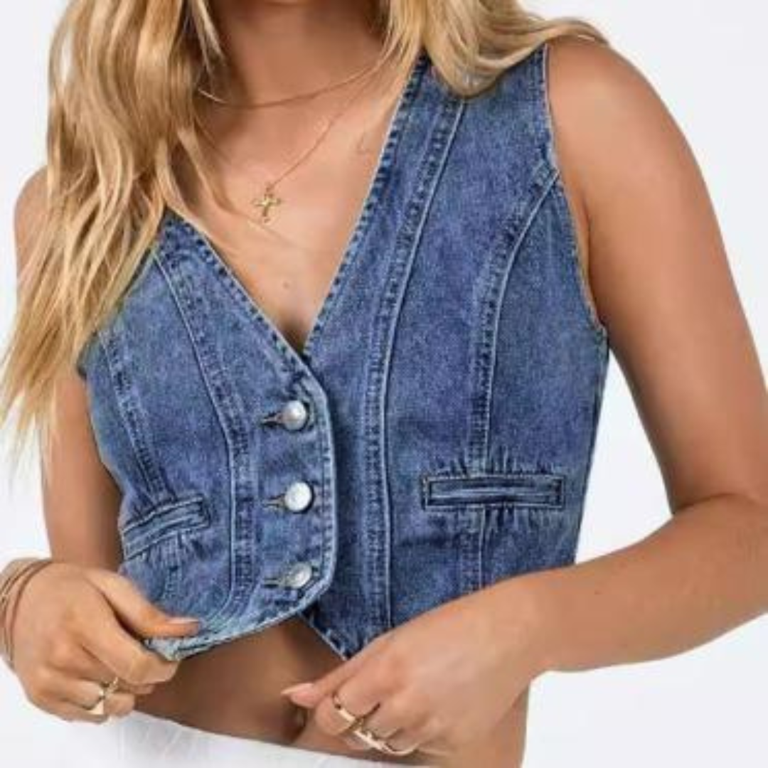 Blaise - Sleeveless Denim Crop Top with Low Cut Design